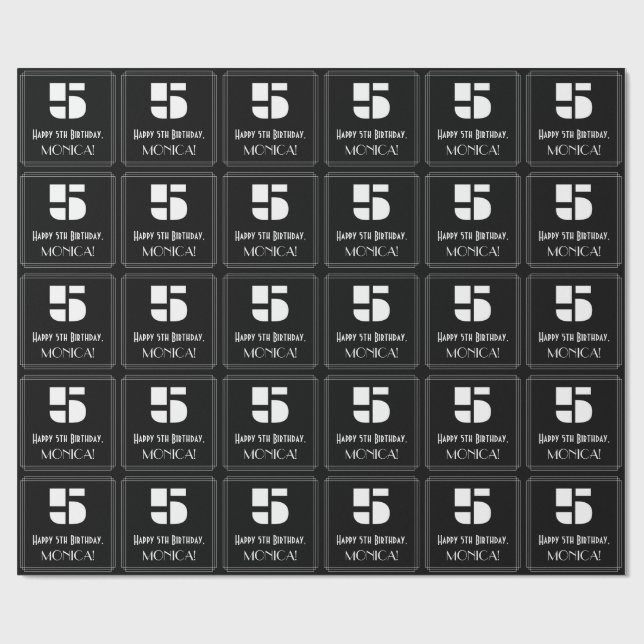 Papel De Presente 5 Aniversário: Art Deco Inspira "5" & Nome (Aberto)