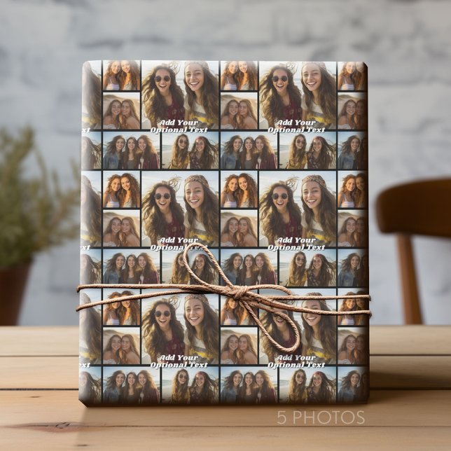 Papel De Presente 5 Colagem de Fotos Texto Opcional — CAN Edit Black (Custom Photo Collage Wrapping Paper - All Occasion)