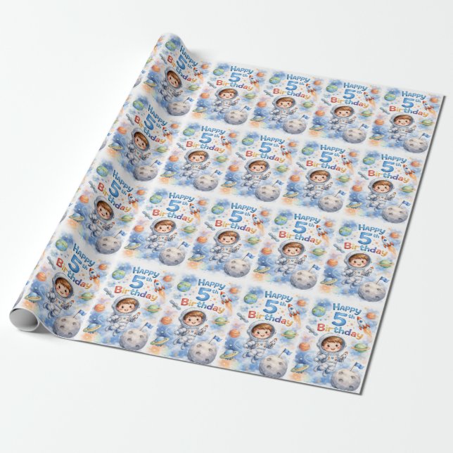 Papel De Presente 5th Birthday Boy Astronaut Blast off Planets (Desenrolado)