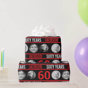 Papel De Presente 60º aniversário foto personalizada vermelho e pret