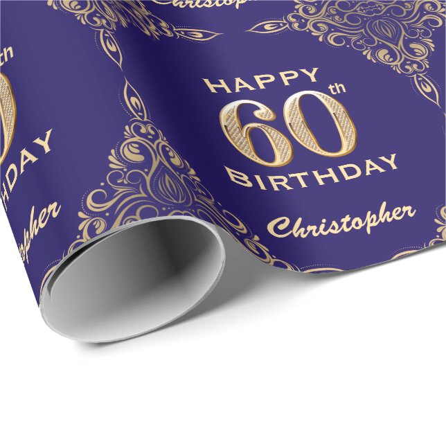 Papel De Presente 60º aniversário Marinho Azul e Dourado quadro de b (Ponta do rolo)