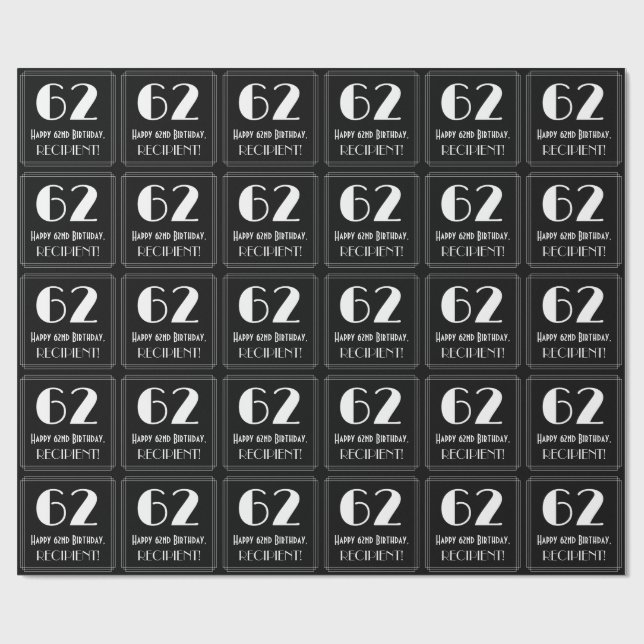 Papel De Presente 62º Aniversário - Art Deco Inspirou "62", Nome (Aberto)