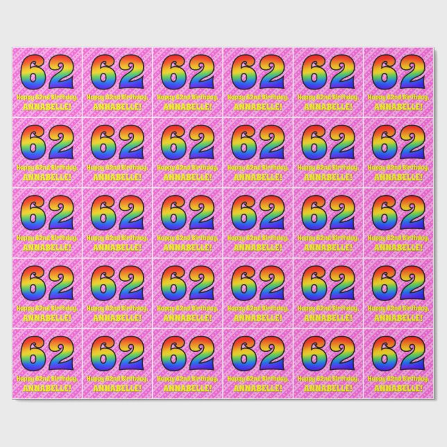 Papel De Presente 62º Aniversário: Stripes e Corações Rosa, Arco-Íri (Aberto)