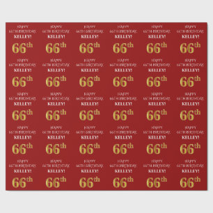 Papel De Presente 66.o aniversário: Elegante, Vermelho, Faux Dourad