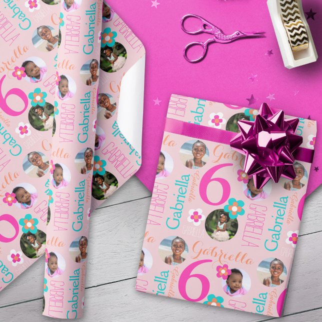 Papel De Presente 6th birthday flower custom name photos age kids (Criador carregado)