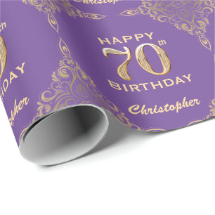 Papel De Presente 70 Aniversário Roxo e Dourado Quadro Glitter