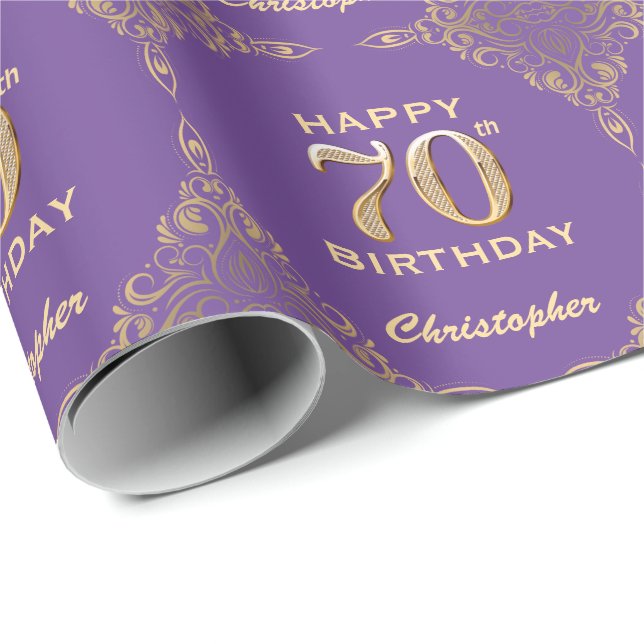 Papel De Presente 70 Aniversário Roxo e Dourado Quadro Glitter (Ponta do rolo)