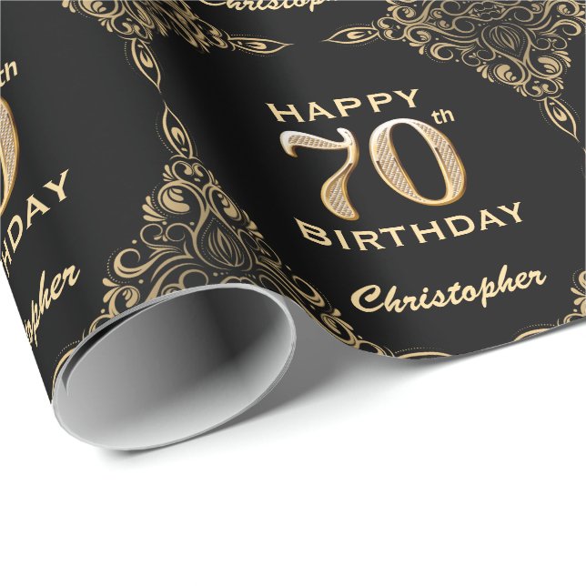 Papel De Presente 70 Birthday Black and Dourado Glitter Frame (Ponta do rolo)