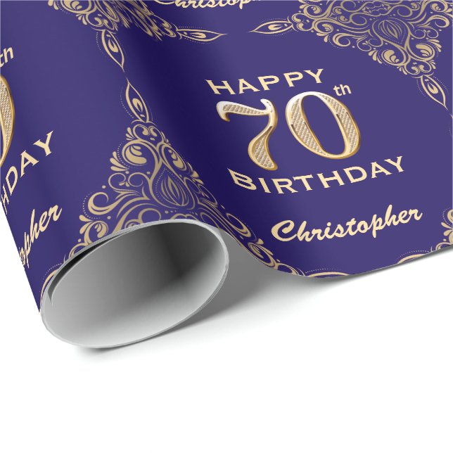 Papel De Presente 70 Birthday Marinho Azul e Dourado Quadro Glitter (Ponta do rolo)