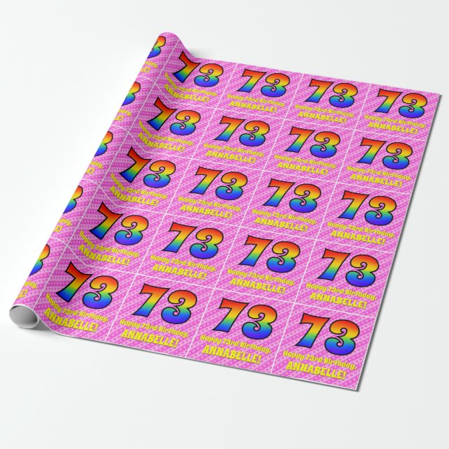 Papel De Presente 73.º Aniversário: Stripes e Corações Rosa, Arco-Ír (Desenrolado)