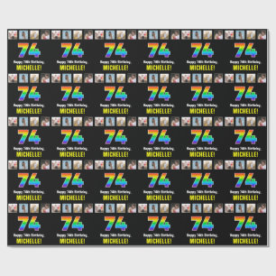 Papel De Presente 74.º aniversário: Rainbow "74"; Fotos e nome perso