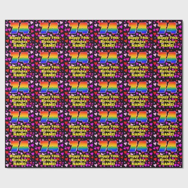 Papel De Presente 74th Birthday: Loving Hearts Pattern, Rainbow # 74 (Aberto)