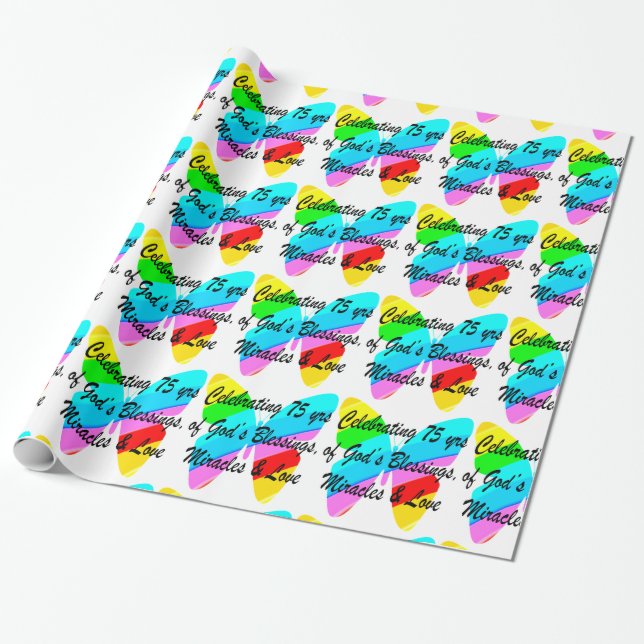 PAPEL DE PRESENTE 75º ANIVERSÁRIO DESIGN PERSONALIZADO COM BORRACHA (Desenrolado)
