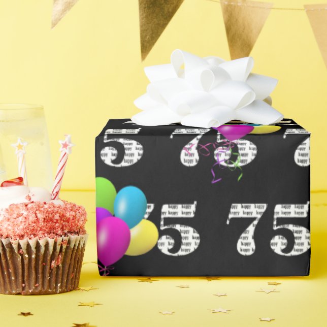 Papel De Presente 75.º Balões Felizes De Aniversário A Preto (Festa de aniversário)