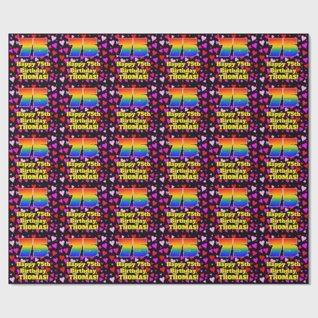 Papel De Presente 75th Birthday: Loving Hearts Pattern, Rainbow # 75 (Aberto)