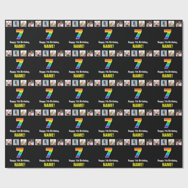 Papel De Presente 7 Aniversário: Arco-Íris "7"; Fotografias e Nome P (Aberto)