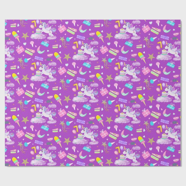 Papel De Presente 7 Birthday Unicorn Pattern Roxo (Aberto)