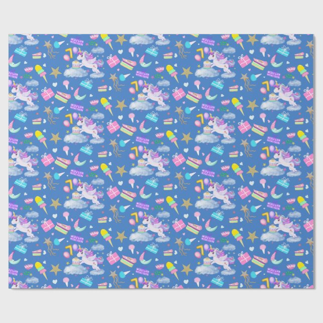 Papel De Presente 7 Birthday Unicorn Standard Blue (Aberto)