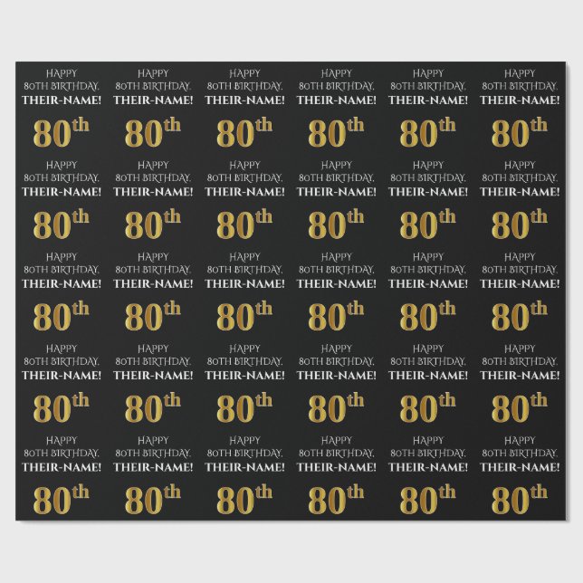 Papel De Presente 80 Aniversário: Elegante, Preto, Faux Dourado (Aberto)