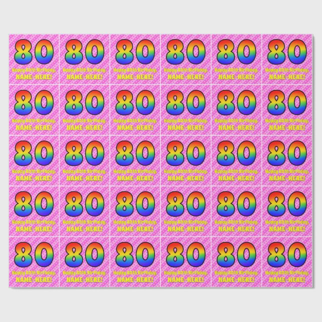 Papel De Presente 80 Aniversário: Tiras e Corações Rosa, Arco-Íris # (Aberto)