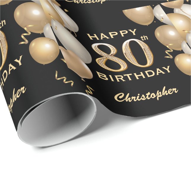 Papel De Presente 80 Birthday Black and Dourado Glitter Balloons (Ponta do rolo)
