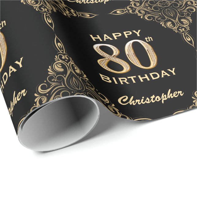 Papel De Presente 80 Birthday Black and Dourado Glitter Frame (Ponta do rolo)