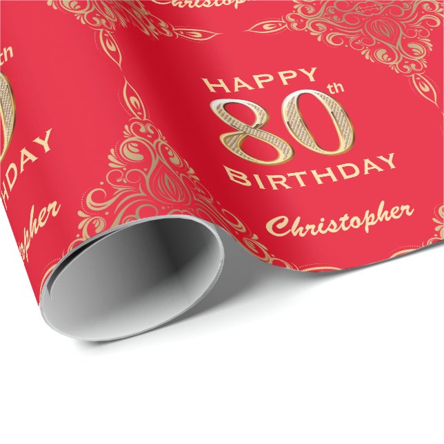 Papel De Presente 80 Birthday Red and Dourado Glitter Frame (Ponta do rolo)