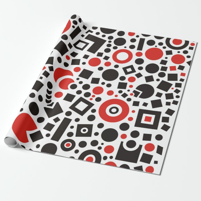 Papel De Presente 80s vermelho & teste padrão geométrico branco (Desenrolado)