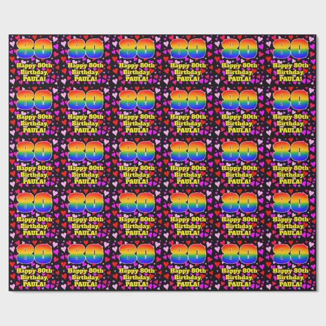 Papel De Presente 80th Birthday: Loving Hearts Pattern, Rainbow # 80 (Aberto)