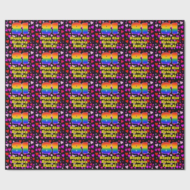Papel De Presente 81st Birthday: Loving Hearts Pattern, Rainbow # 81 (Aberto)