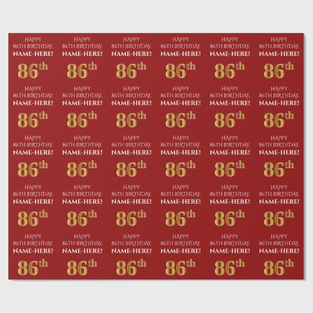 Papel De Presente 86.º aniversário: Elegante, Vermelho, Faux Dourado (Aberto)