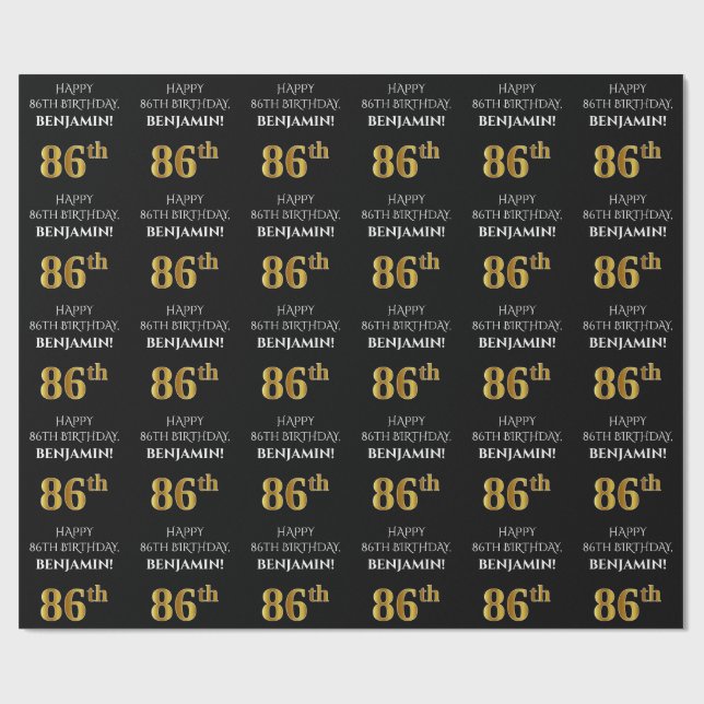 Papel De Presente 86.º aniversário: Olhar Elegante, Preto, Faux Dour (Aberto)