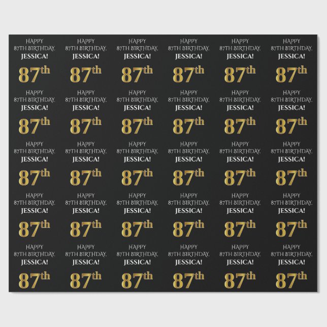 Papel De Presente 87.º aniversário: Olhar Elegante, Preto, Faux Dour (Aberto)