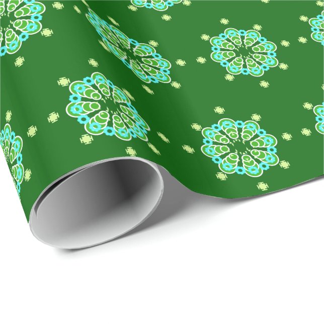 Papel De Presente 8 pontos Mandala, Dark Jade Green e Aqua (Ponta do rolo)