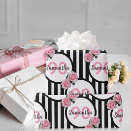 Papel De Presente 90 aniversário rosas rosa-chic listras brancas pre