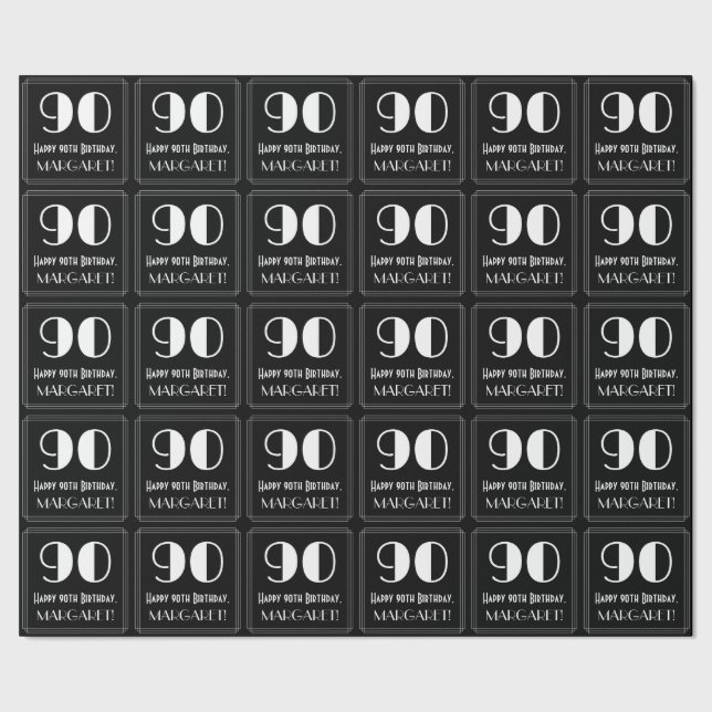 Papel De Presente 90 Birthday - Art Deco Inspirou "90", Nome (Barra)
