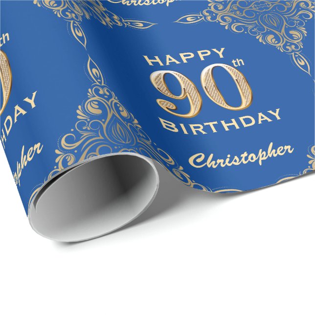 Papel De Presente 90 Birthday Blue e Dourado quadro Glitter (Ponta do rolo)