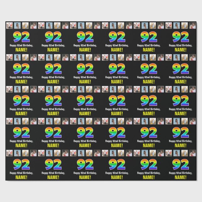 Papel De Presente 92º Aniversário: Arco-Íris "92"; Fotos e Nome Pers (Barra)