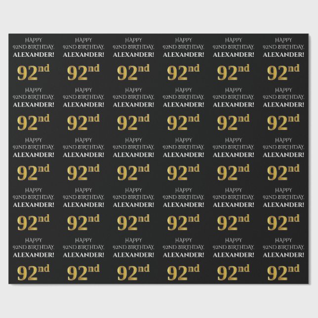 Papel De Presente 92º Aniversário: Olho Elegante, Preto, Faux Dourad (Aberto)