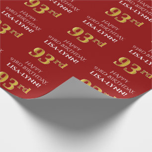 Papel De Presente 93.o aniversário: Elegante, Vermelho, Faux Dourad
