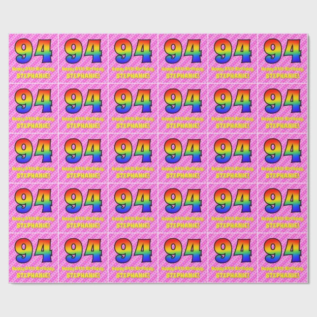 Papel De Presente 94.º aniversário: Stripes e Corações Rosa, Arco-Ír (Aberto)