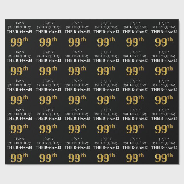 Papel De Presente 99º Aniversário: Elegante, Preto, Olho Dourado Fau (Aberto)