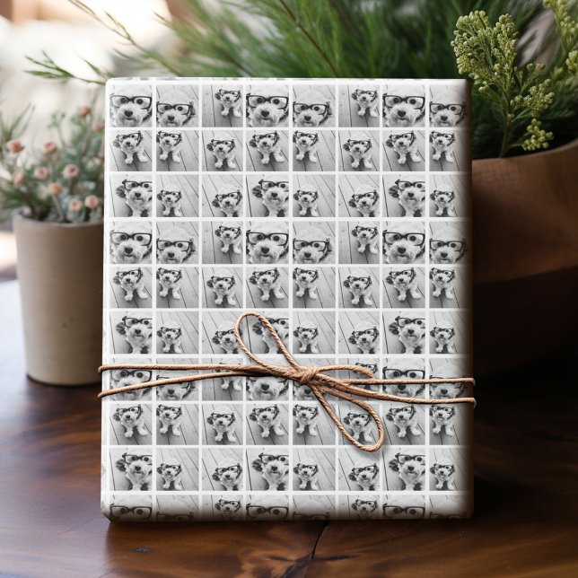Papel De Presente 9 Colagem de Fotos ao Quadrado - Preto e Branco (Custom Photo Wrapping Paper)