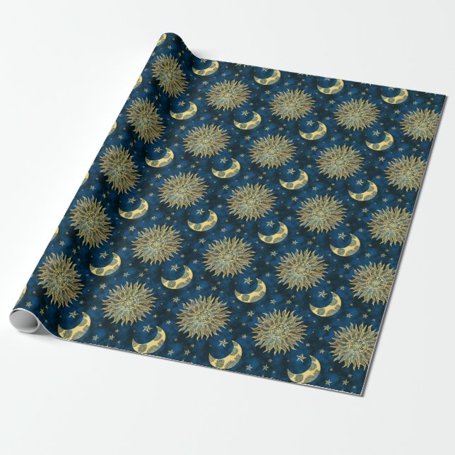 Papel De Presente A Lua Solar Celestial Stars Tarô Dourado Azul (Desenrolado)