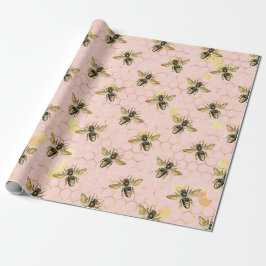 Papel De Presente A Série de Abelhas Rosa e Dourada Design 1
