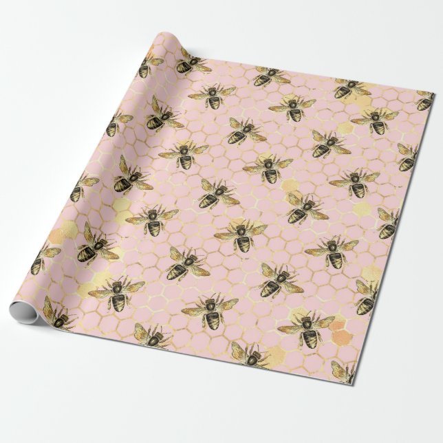 Papel De Presente A Série de Abelhas Rosa e Dourada Design 1 (Desenrolado)