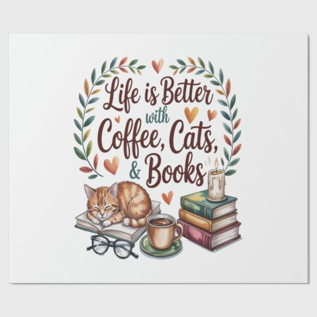 Papel De Presente A Vida é Melhor com Café Gatos Livros (Aberto)