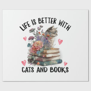 Papel De Presente A vida é melhor com gatos e livros Gato engraçado