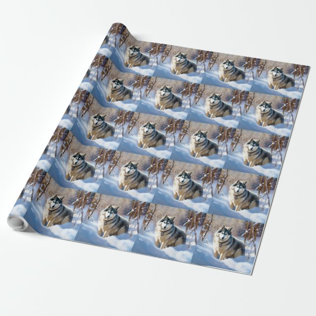 Papel De Presente Aaskan Malamute Deixe Nevar Natal (Desenrolado)