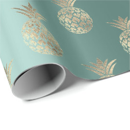 Papel De Presente Abacaxi Fruta Falso Ouro Tropic Verão Verde Turque